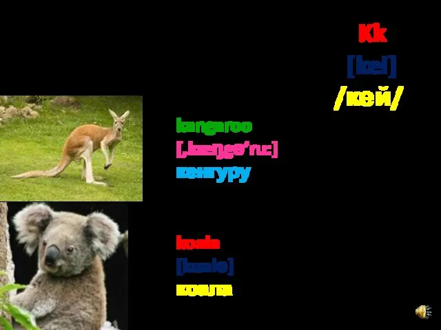 Kk [kei] /кей/ kangaroo [,kæŋgә’ru:] кенгуру koala [kualә] коала