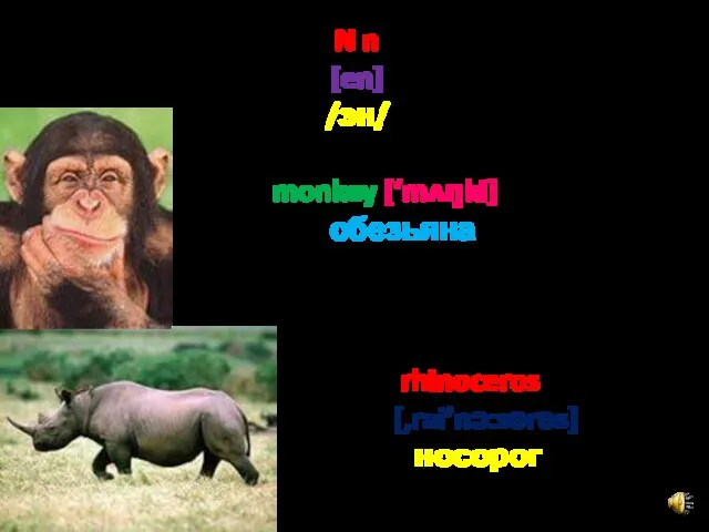 N n [en] /эн/ monkey [‘mʌŋki] обезьяна rhinoceros [,rai’nɔ:sәrәs] носорог