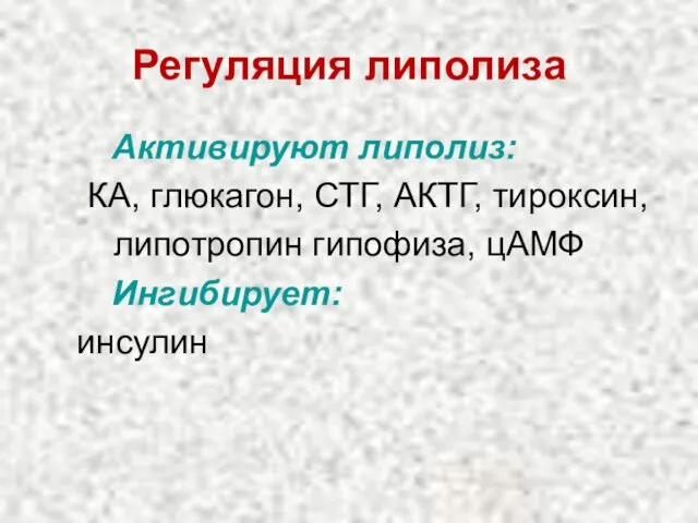 Регуляция липолиза Активируют липолиз: КА, глюкагон, СТГ, АКТГ, тироксин, липотропин гипофиза, цАМФ Ингибирует: инсулин