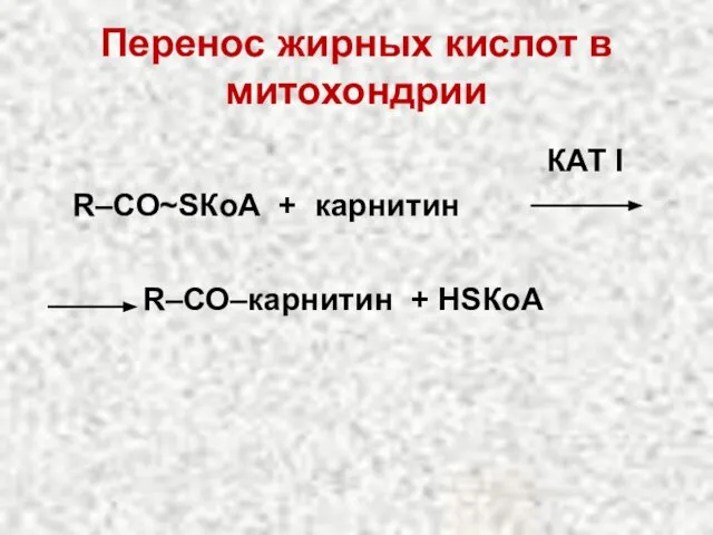 Перенос жирных кислот в митохондрии КАТ І R–СО~SКоА + карнитин R–СО–карнитин + НSКоА