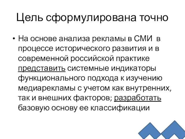 Цель сформулирована точно На основе анализа рекламы в СМИ в процессе