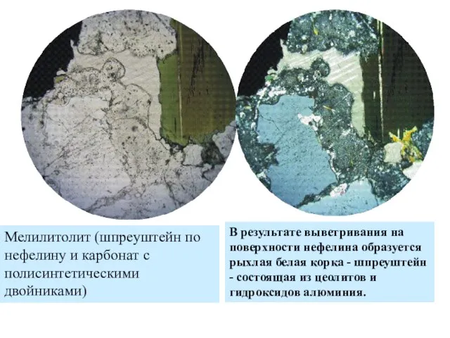 Мелилитолит (шпреуштейн по нефелину и карбонат с полисинтетическими двойниками) В результате