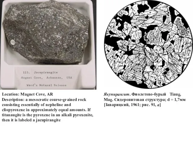 Location: Magnet Cove, AR Description: a mesocratic course-grained rock consisting essentially