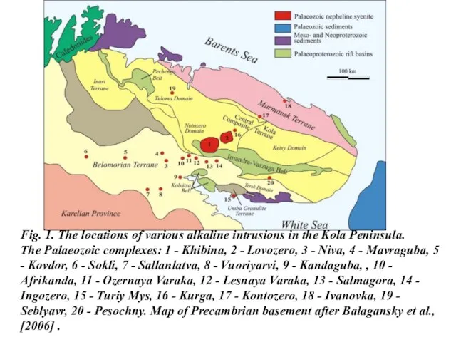 Fig. 1. The locations of various alkaline intrusions in the Kola