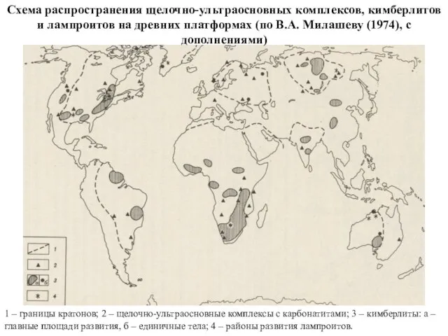 1 – границы кратонов; 2 – щелочно-ультраосновные комплексы с карбонатитами; 3