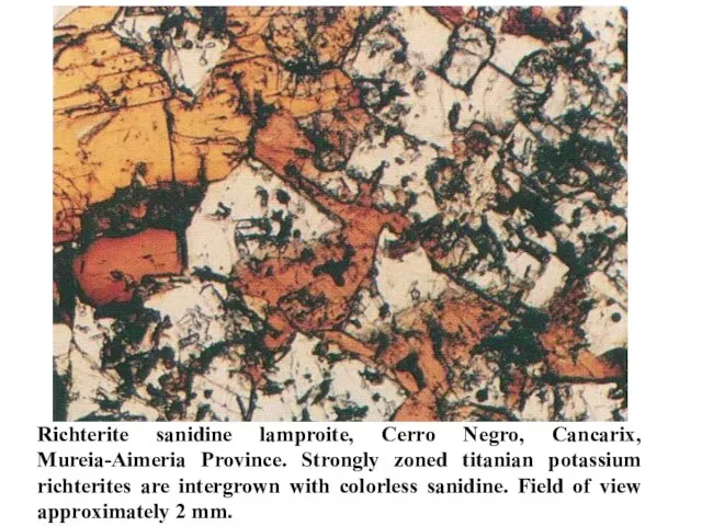 Richterite sanidine lamproite, Cerro Negro, Cancarix, Mureia-Aimeria Province. Strongly zoned titanian