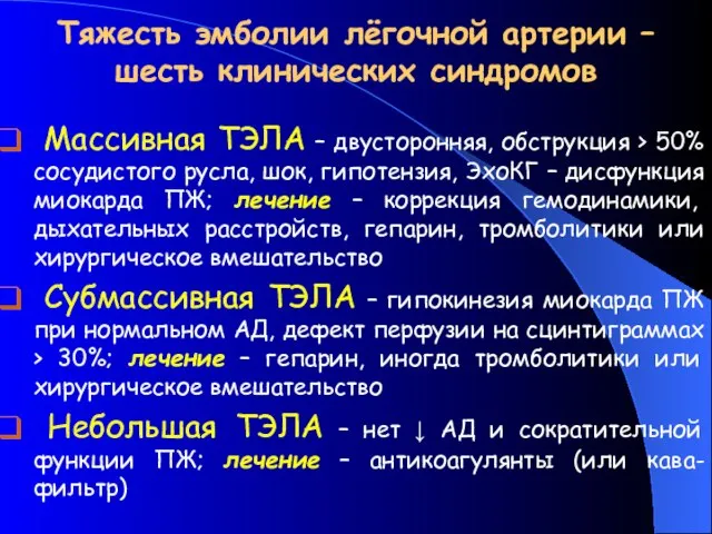 Тяжесть эмболии лёгочной артерии – шесть клинических синдромов Массивная ТЭЛА –