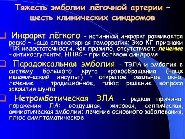 Тяжесть эмболии лёгочной артерии – шесть клинических синдромов Инфаркт лёгкого –