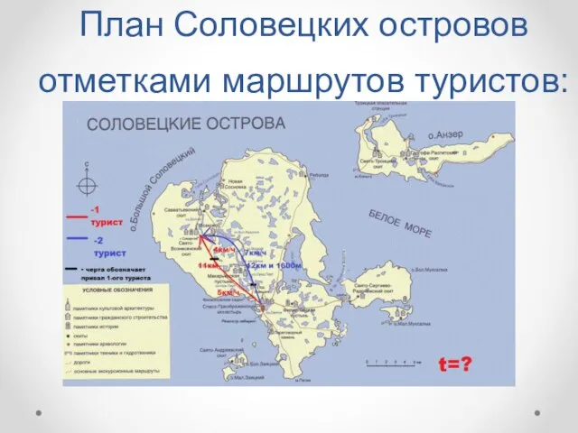 План Соловецких островов отметками маршрутов туристов: