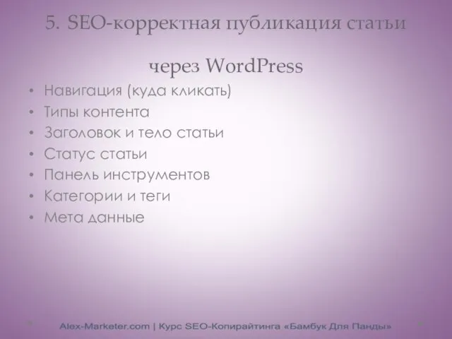 5. SEO-корректная публикация статьи через WordPress Навигация (куда кликать) Типы контента