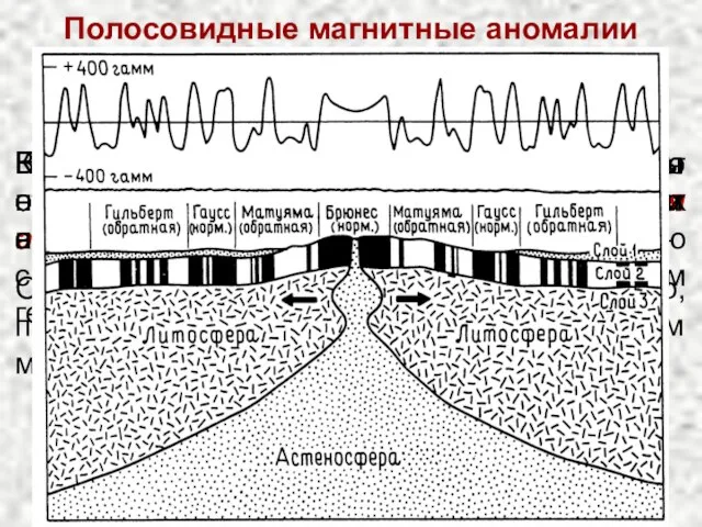 Полосовидные магнитные аномалии Вдоль центральной оси рифтовой долины наблюдается сильная линейная