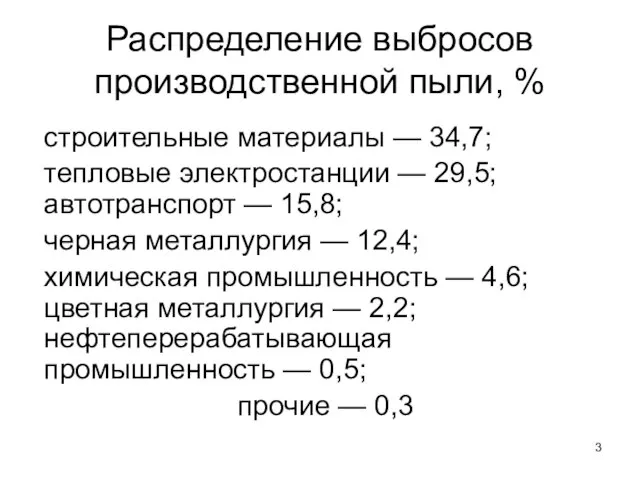 Распределение выбросов производственной пыли, % строительные материалы — 34,7; тепловые электростанции