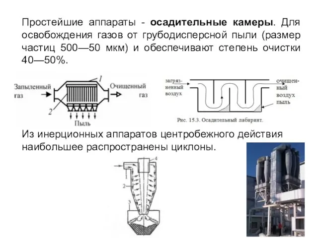 Простейшие аппараты - осадительные камеры. Для освобождения газов от грубодисперсной пыли