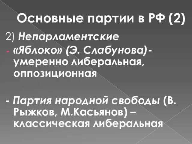 Основные партии в РФ (2) 2) Непарламентские «Яблоко» (Э. Слабунова)- умеренно