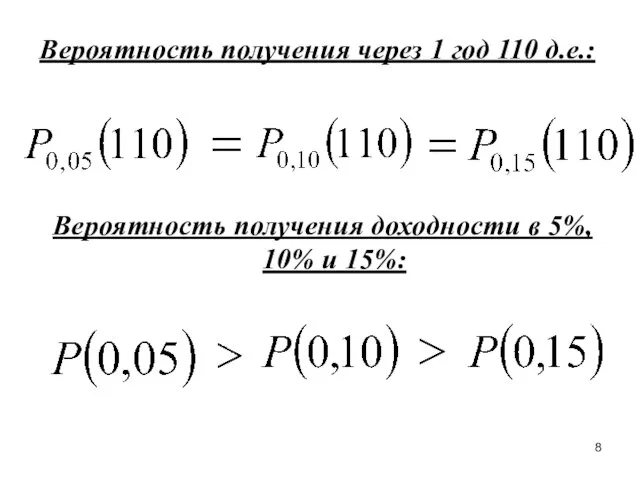 Вероятность получения через 1 год 110 д.е.: Вероятность получения доходности в 5%, 10% и 15%: