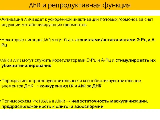 AhR и репродуктивная функция Активация AhR ведет к ускоренной инактивации половых