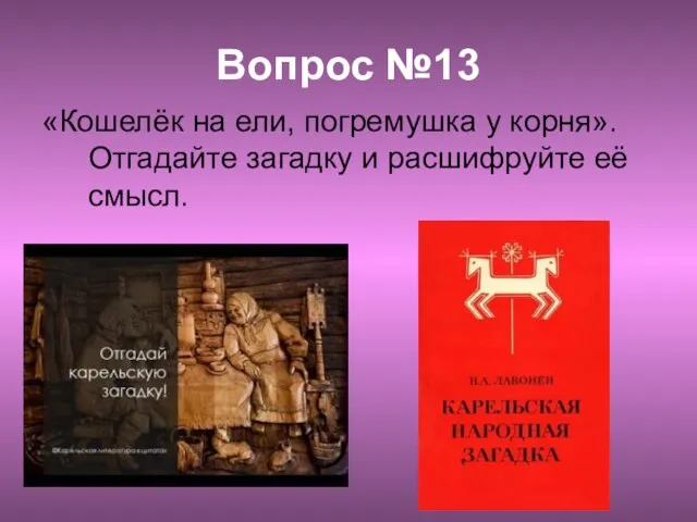 Вопрос №13 «Кошелёк на ели, погремушка у корня». Отгадайте загадку и расшифруйте её смысл.