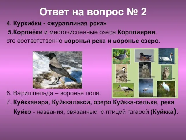 Ответ на вопрос № 2 4. Куркиёки - «журавлиная река» 5.Корпиёки