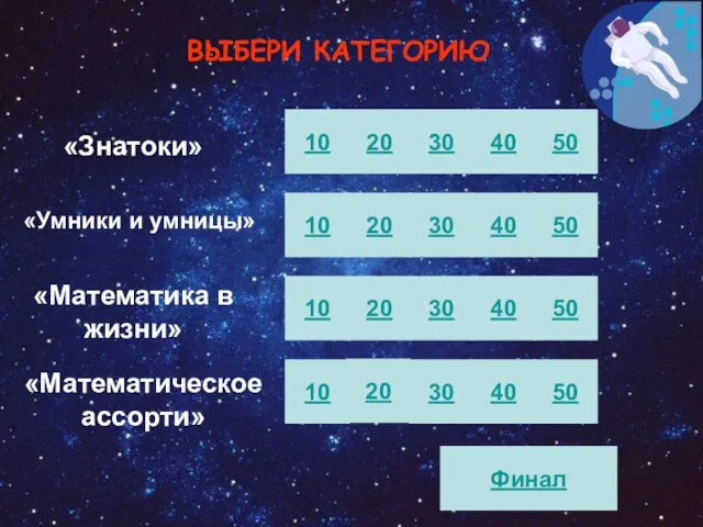 «Знатоки» «Умники и умницы» «Математика в жизни» «Математическое ассорти» 10 20