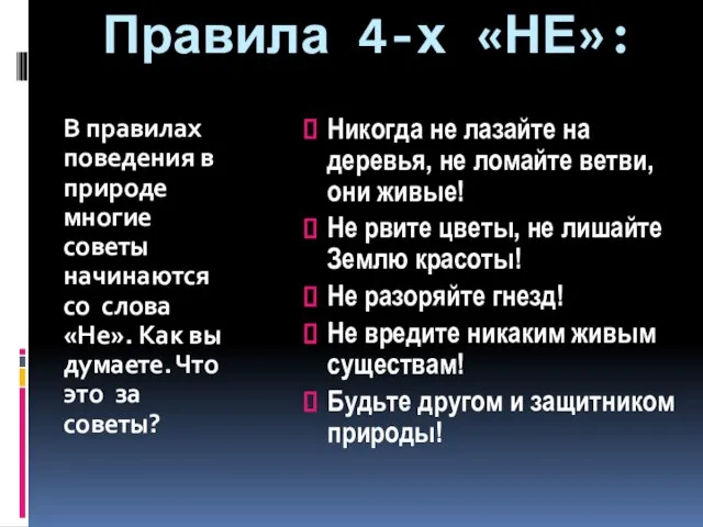 Правила 4-х «НЕ»: В правилах поведения в природе многие советы начинаются