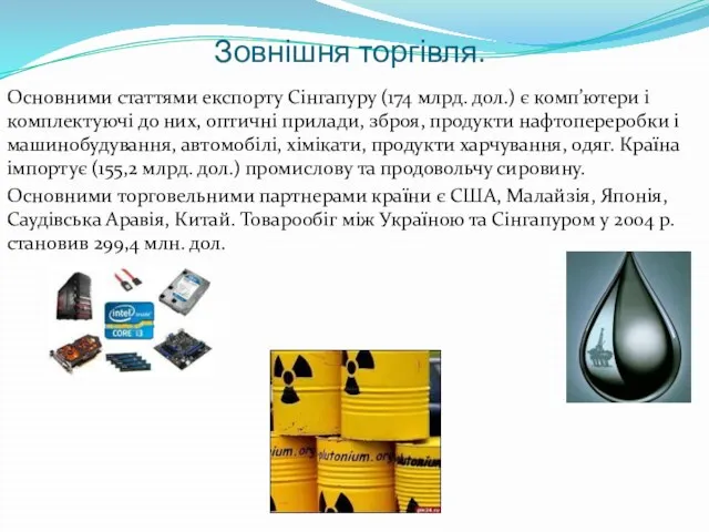 Зовнішня торгівля. Основними статтями експорту Сінгапуру (174 млрд. дол.) є комп’ютери