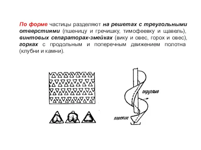 По форме частицы разделяют на решетах с треугольными отверстиями (пшеницу и