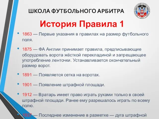 ШКОЛА ФУТБОЛЬНОГО АРБИТРА История Правила 1 1863 — Первые указания в