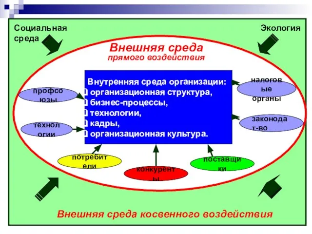 Внутренняя среда организации: организационная структура, бизнес-процессы, технологии, кадры, организационная культура.