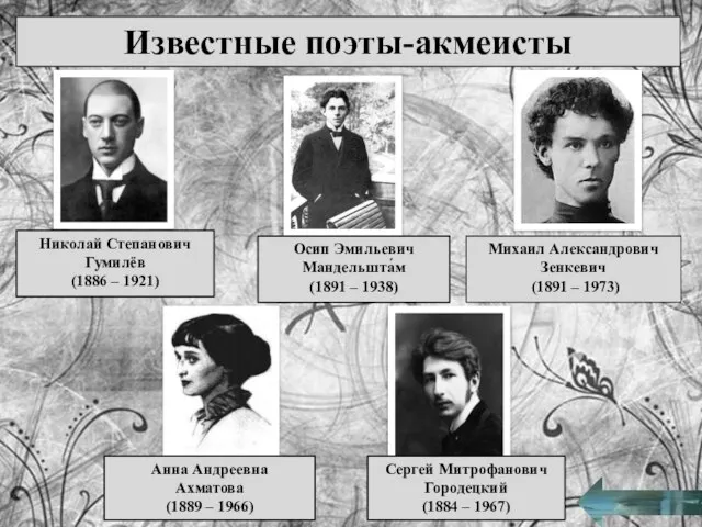 Известные поэты-акмеисты Николай Степанович Гумилёв (1886 – 1921) Анна Андреевна Ахматова