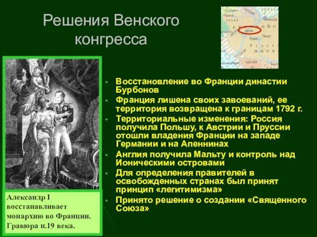 Решения Венского конгресса Восстановление во Франции династии Бурбонов Франция лишена своих