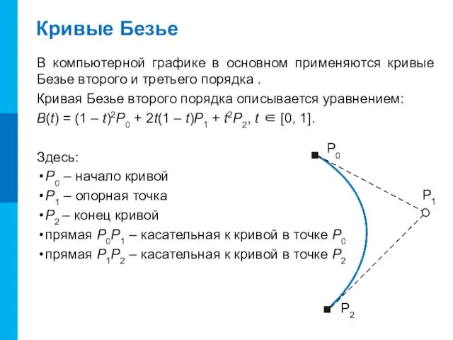 Кривые Безье В компьютерной графике в основном применяются кривые Безье второго