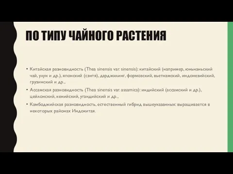 ПО ТИПУ ЧАЙНОГО РАСТЕНИЯ Китайская разновидность (Thea sinensis var. sinensis): китайский