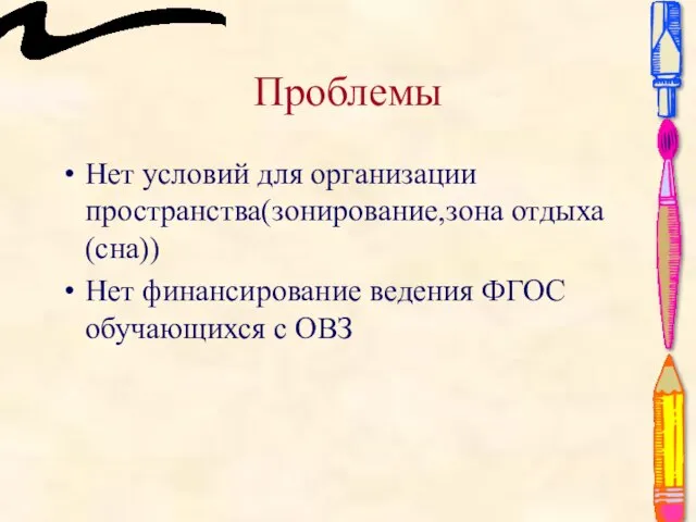 Проблемы Нет условий для организации пространства(зонирование,зона отдыха(сна)) Нет финансирование ведения ФГОС обучающихся с ОВЗ