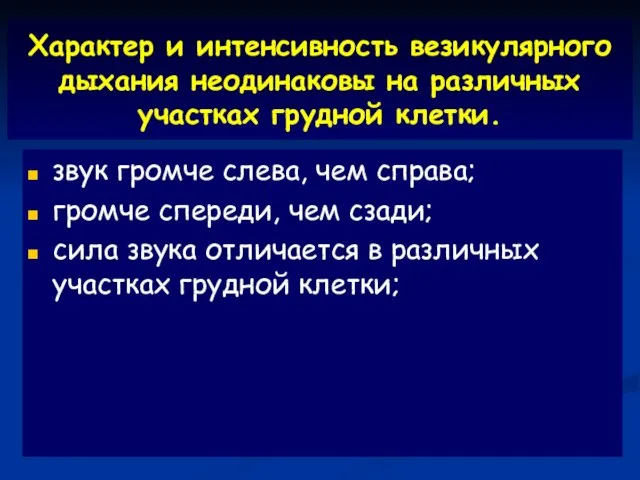 Характер и интенсивность везикулярного дыхания неодинаковы на различных участках грудной клетки.