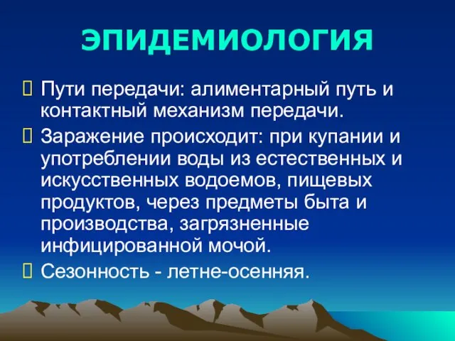 ЭПИДЕМИОЛОГИЯ Пути передачи: алиментарный путь и контактный механизм передачи. Заражение происходит: