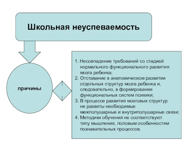 Школьная неуспеваемость причины 1. Несовпадение требований со стадией нормального функционального развития