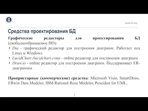 Средства проектирования БД МИЭМ НИУ ВШЭ . Графические редакторы для проектирования