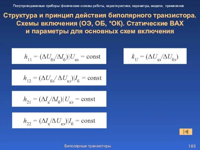 Биполярные транзисторы Структура и принцип действия биполярного транзистора. Схемы включения (ОЭ,