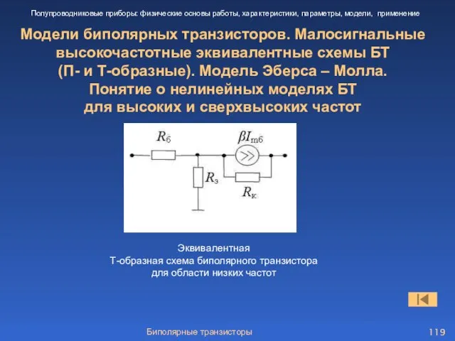 Биполярные транзисторы Модели биполярных транзисторов. Малосигнальные высокочастотные эквивалентные схемы БТ (П-