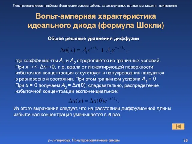 p–n-переход. Полупроводниковые диоды Вольт-амперная характеристика идеального диода (формула Шокли) Полупроводниковые приборы: