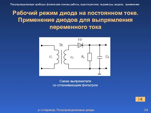 p–n-переход. Полупроводниковые диоды Рабочий режим диода на постоянном токе. Применение диодов