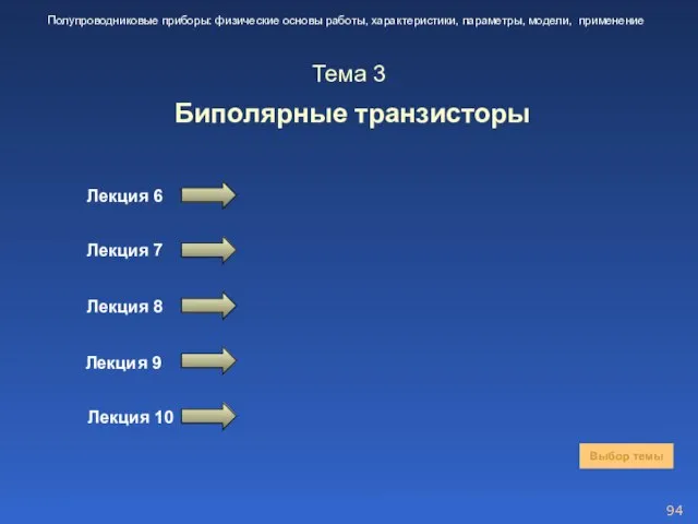 Тема 3 Биполярные транзисторы Лекция 6 Лекция 7 Выбор темы Полупроводниковые