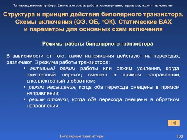 Биполярные транзисторы Структура и принцип действия биполярного транзистора. Схемы включения (ОЭ,