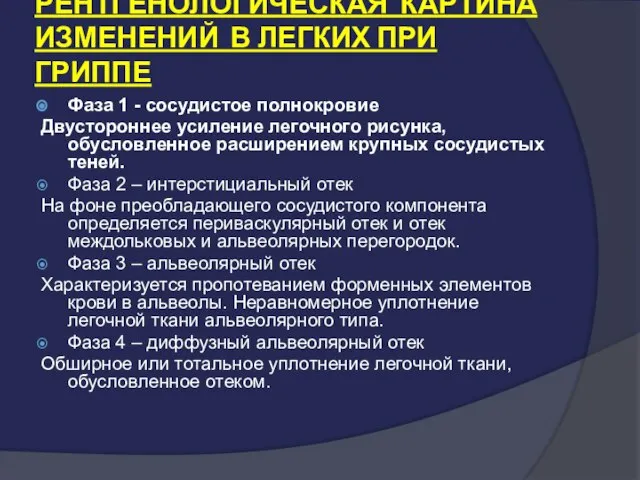 РЕНТГЕНОЛОГИЧЕСКАЯ КАРТИНА ИЗМЕНЕНИЙ В ЛЕГКИХ ПРИ ГРИППЕ Фаза 1 - сосудистое