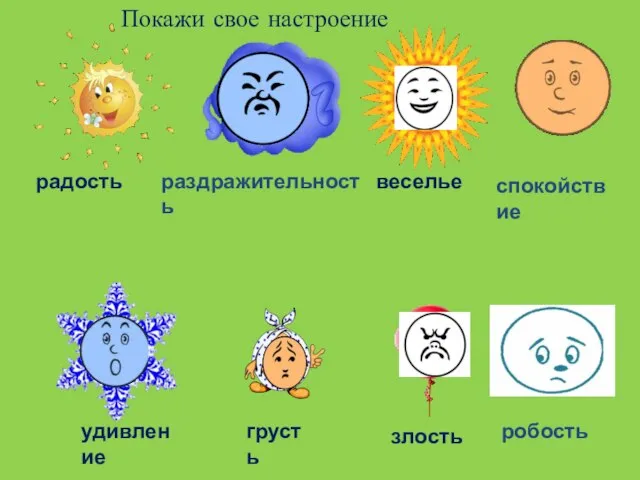 радость веселье грусть злость удивление робость раздражительность спокойствие Покажи свое настроение