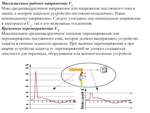 Максимальное рабочее напряжение Uc Макс.среднеквадратичное напряжение или напряжение постоянного тока в