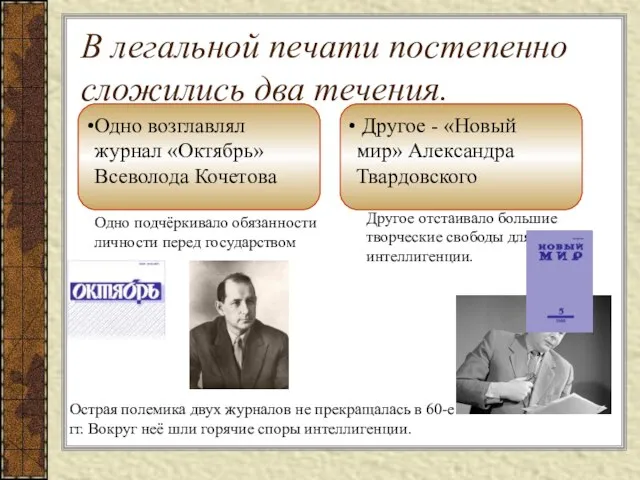 В легальной печати постепенно сложились два течения. Одно подчёркивало обязанности личности