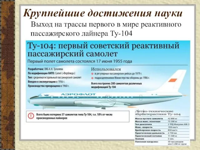 Выход на трассы первого в мире реактивного пассажирского лайнера Ту-104 Крупнейшие достижения науки