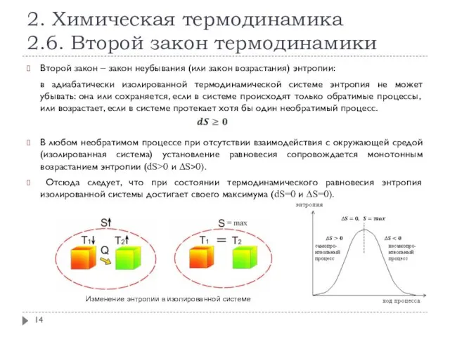 2. Химическая термодинамика 2.6. Второй закон термодинамики Второй закон – закон