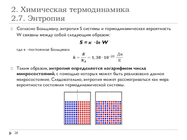 2. Химическая термодинамика 2.7. Энтропия Согласно Больцману, энтропия S системы и